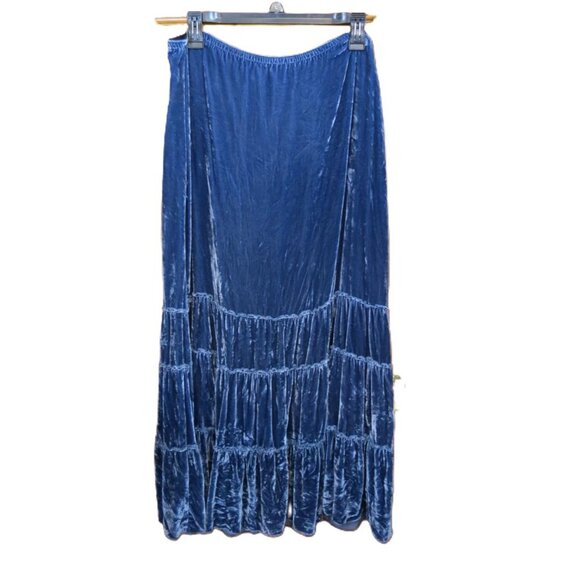 Chico's Denim Blue Midi Skirt Crushed Velveteen Tiered Rayon & Silk Size 2 - Picture 1 of 9